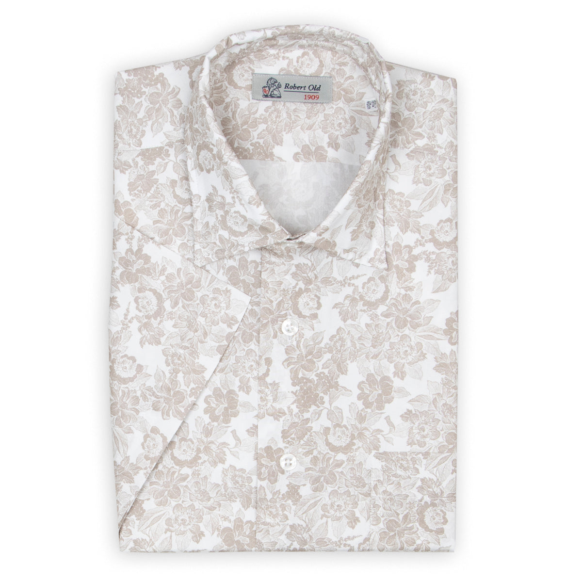 Beige Floral 100% Swiss Cotton Short Sleeve Shirt  Robert Old   