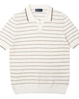 White & Beige Stripe Piqué Knit Open Collar T-Shirt  Robert Old   