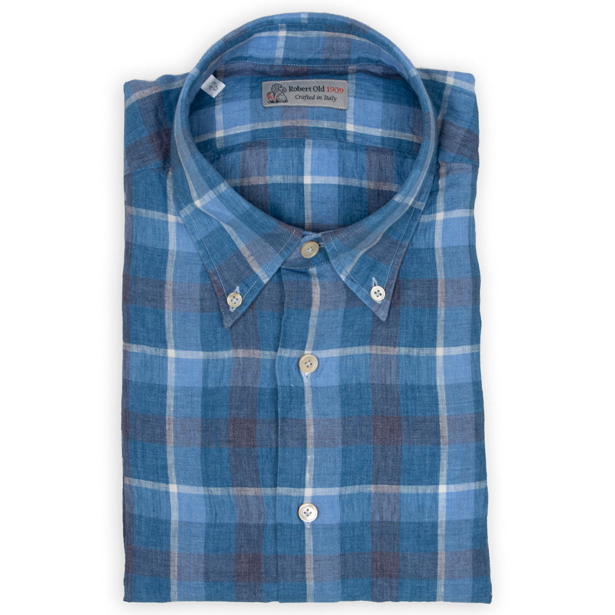 Blue Check Linen Button-Down Long Sleeve Shirt  Robert Old   