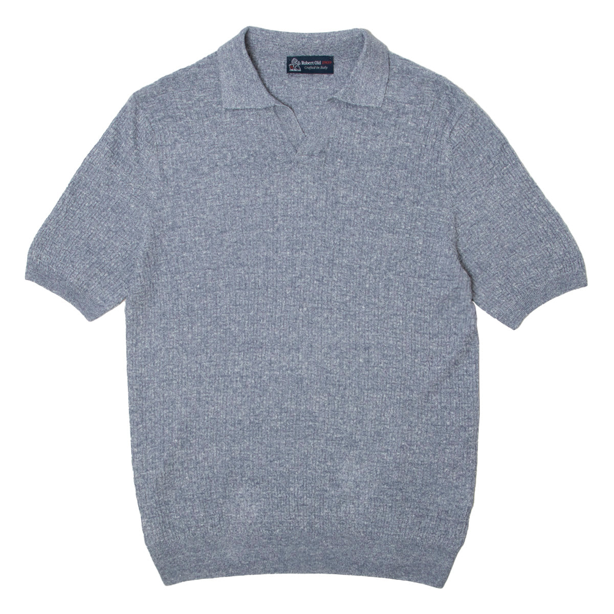 Denim Blue Linen & Cotton Knit Open Collar T-Shirt  Robert Old   