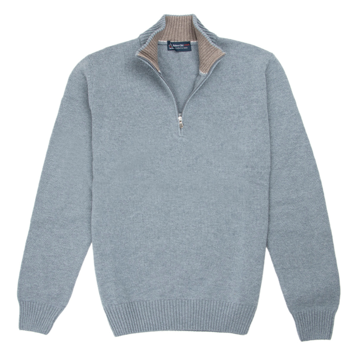 Blue Melange Virgin Wool & Cashmere Zip Neck Sweater  Robert Old   
