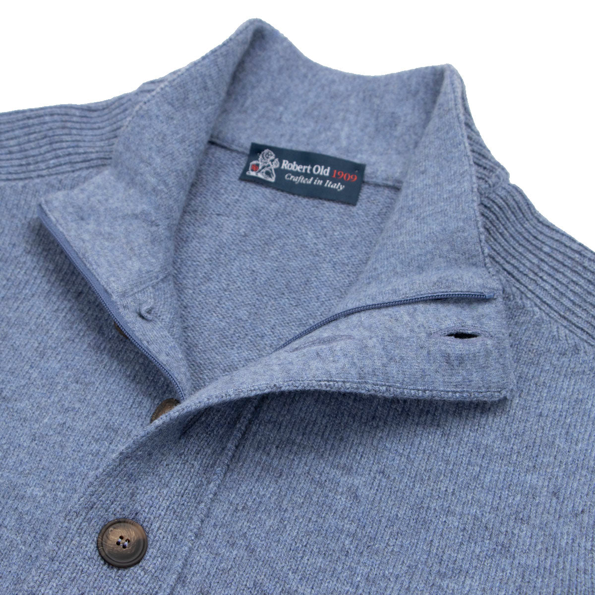 Blue Melange Buttoned Zip-Neck Wool Jumper  Robert Old   