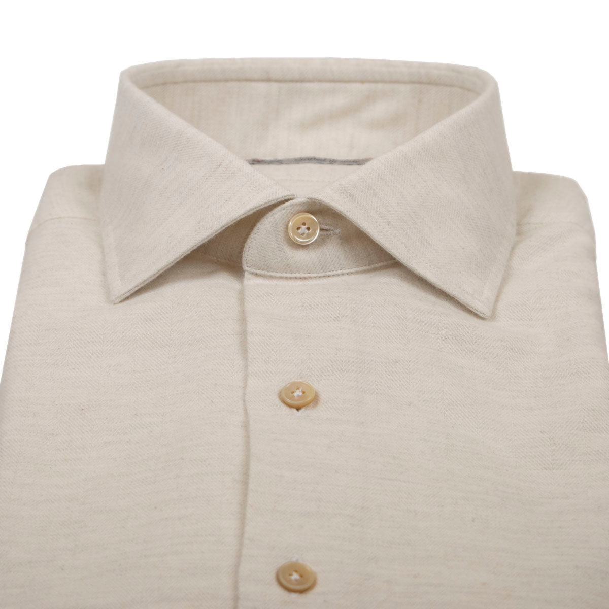 Cream Herringbone Pure Cotton Italian Long Sleeve Shirt  Robert Old   