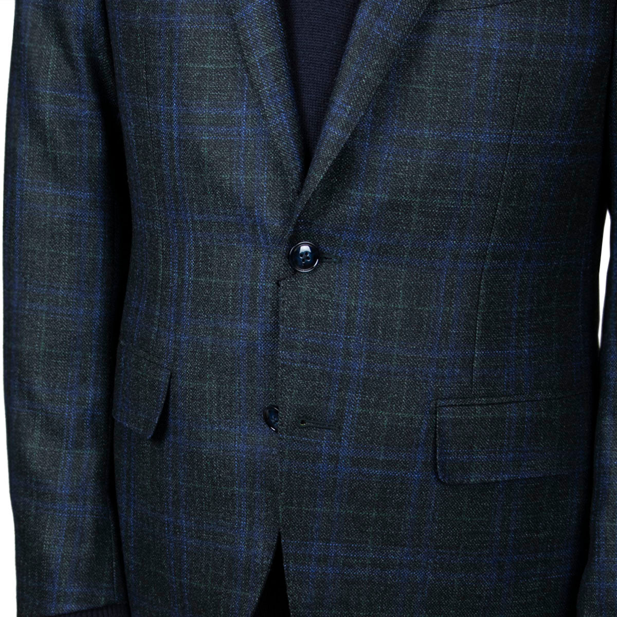 Dark Green & Blue Check Wool, Silk, & Cashmere Jacket  Robert Old   
