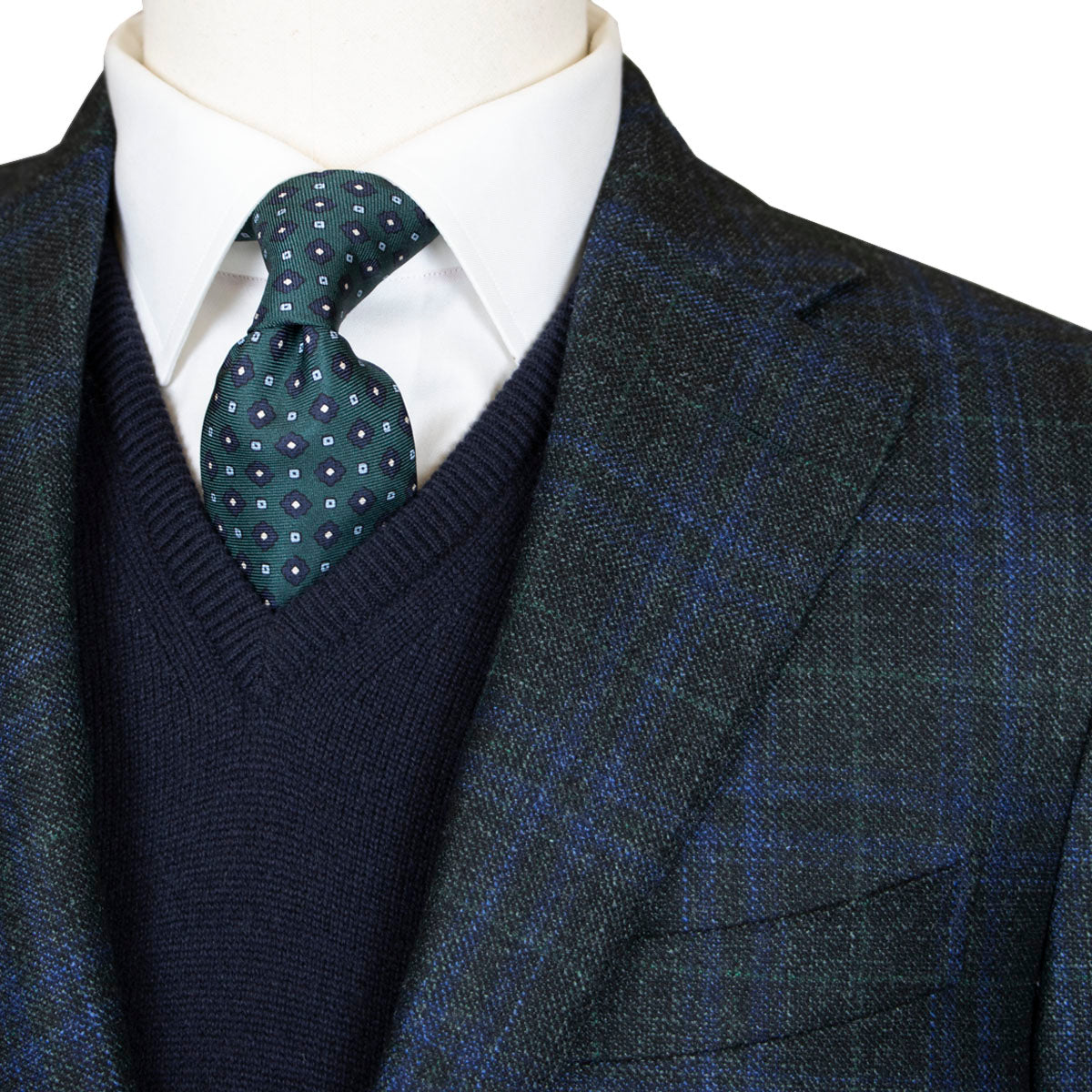 Dark Green & Blue Check Wool, Silk, & Cashmere Jacket  Robert Old   