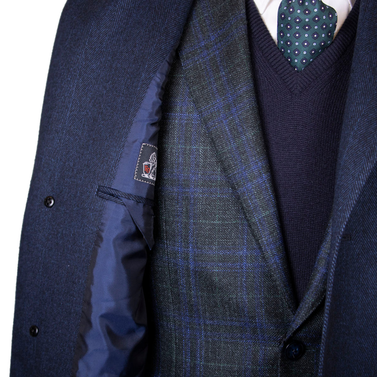 Blue Chevron Virgin Wool, Cashmere, & Silk Slim Tailored Overcoat  Robert Old   