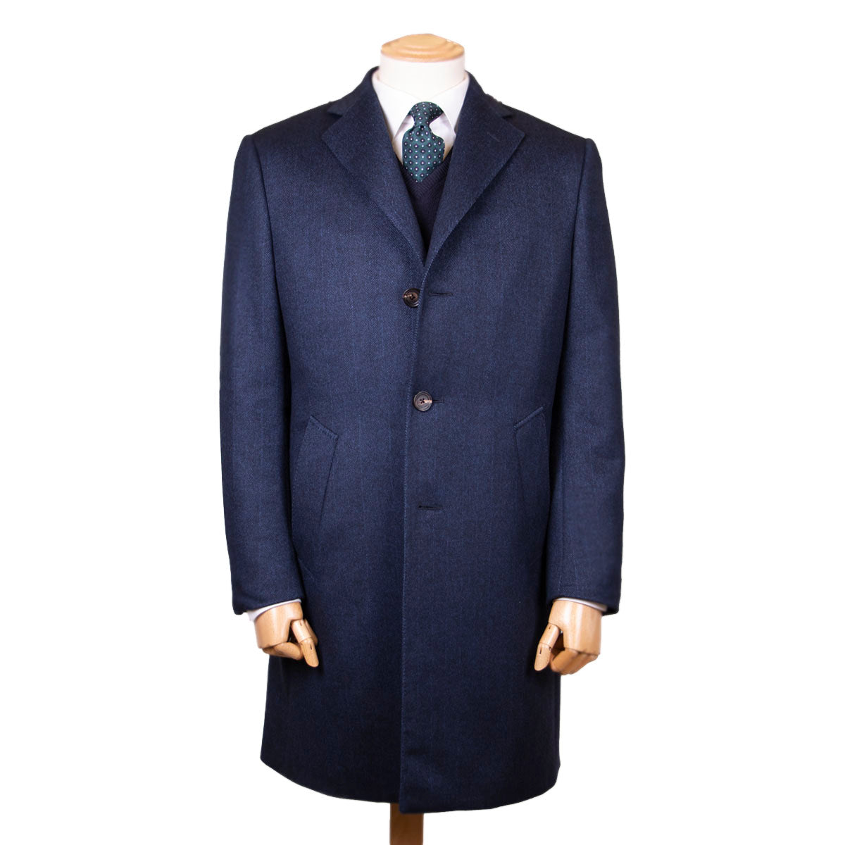 Blue Chevron Virgin Wool, Cashmere, & Silk Slim Tailored Overcoat  Robert Old   