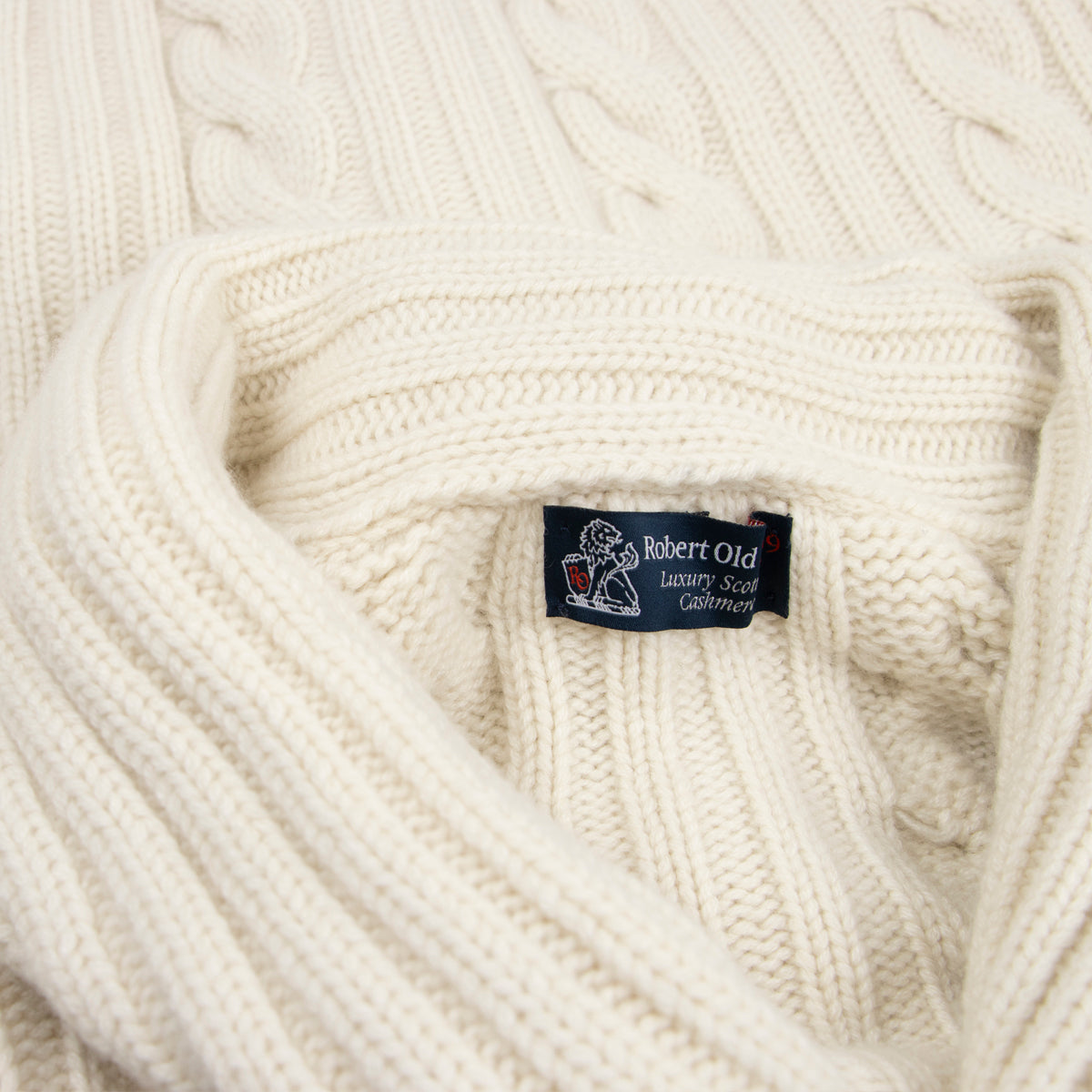 White Undyed Balmour 8Ply Shawl Collar Cable Cashmere Cardigan  Robert Old   