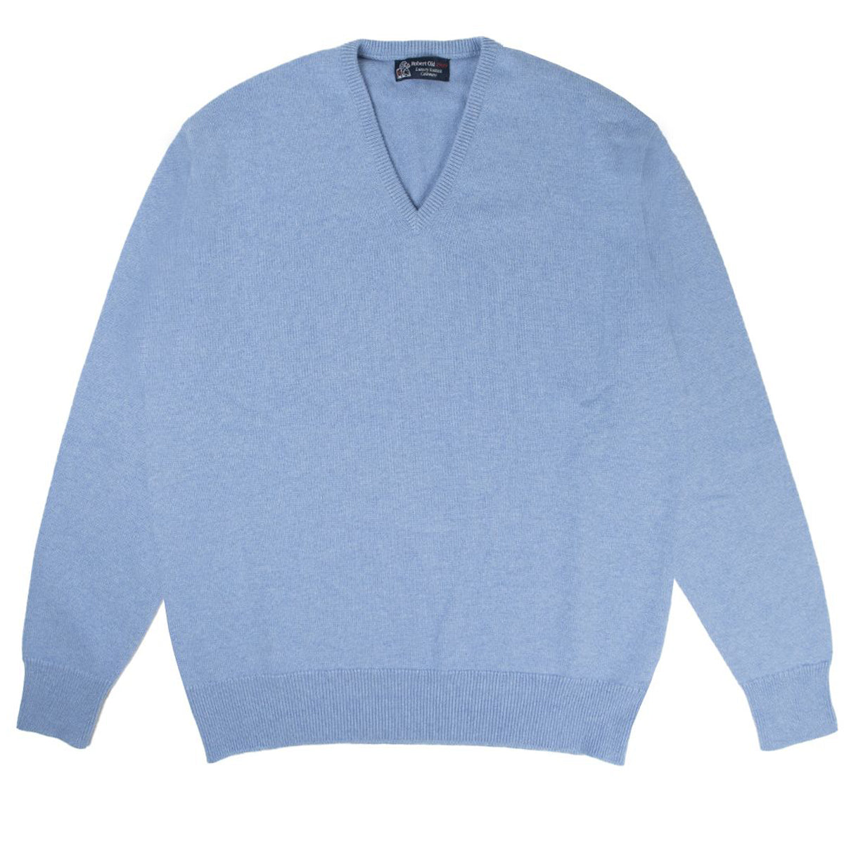 Blue Haze Tobermorey 4ply V-Neck Cashmere Sweater  Robert Old   