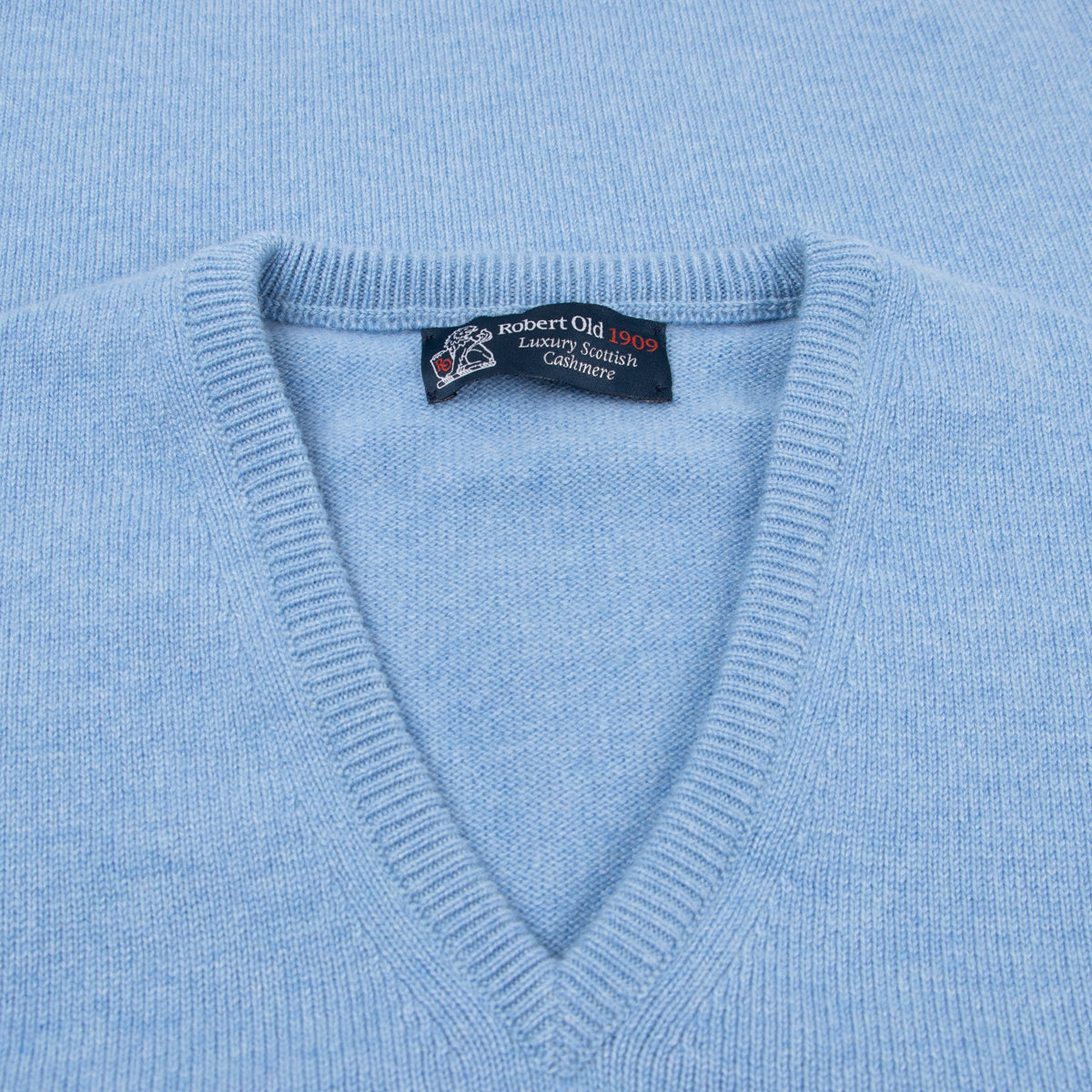 Blue Haze Tobermorey 4ply V-Neck Cashmere Sweater  Robert Old   