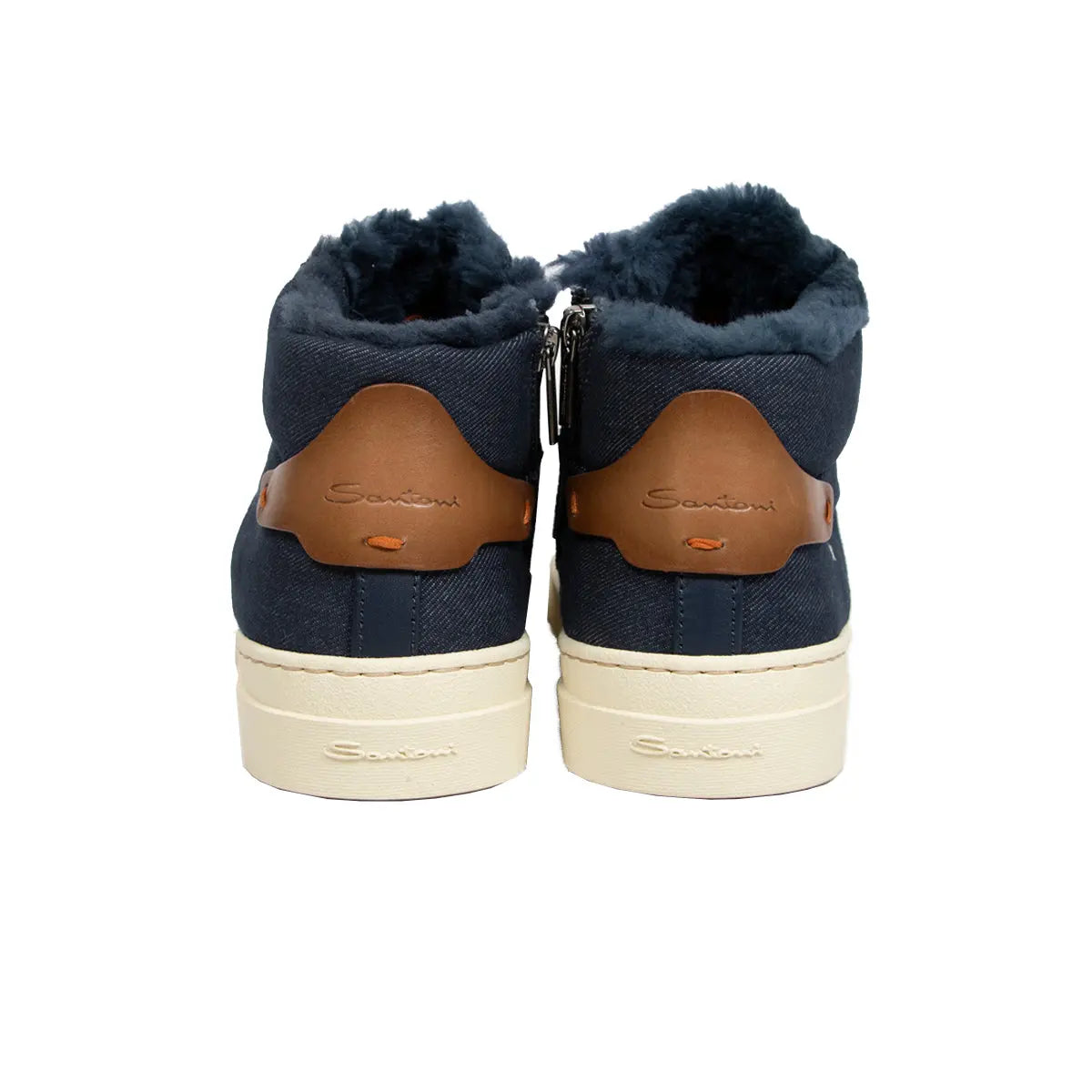 Blue Denim-Effect Fabric and Leather Sneaker  Santoni   