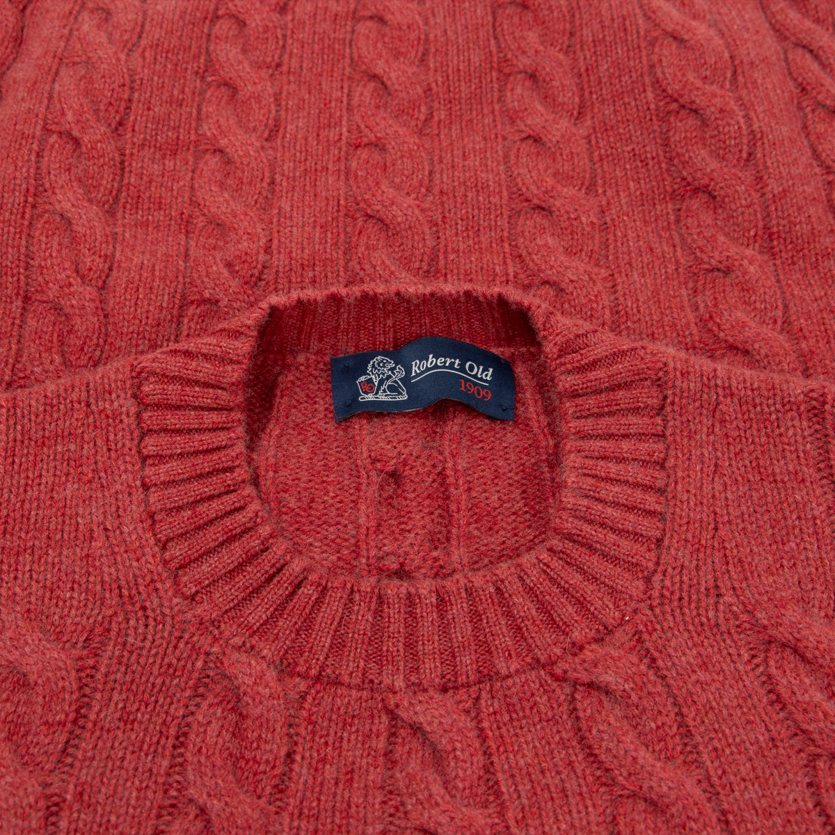 Poppy Melange Rothesay 4ply Cable Crew Cashmere Sweater  Robert Old   