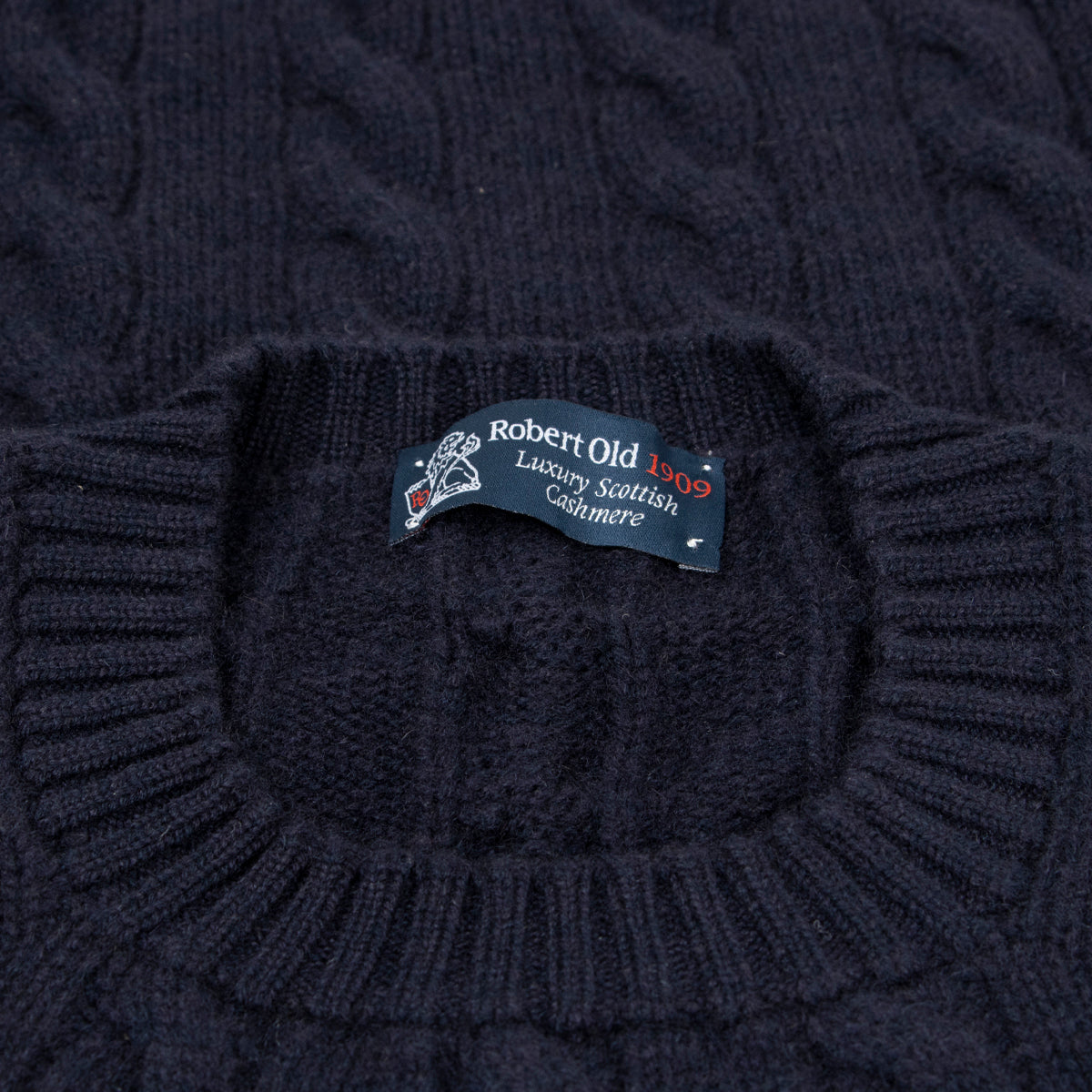 Dark Navy Rothesay 4ply Cable Crew Cashmere Sweater  Robert Old   