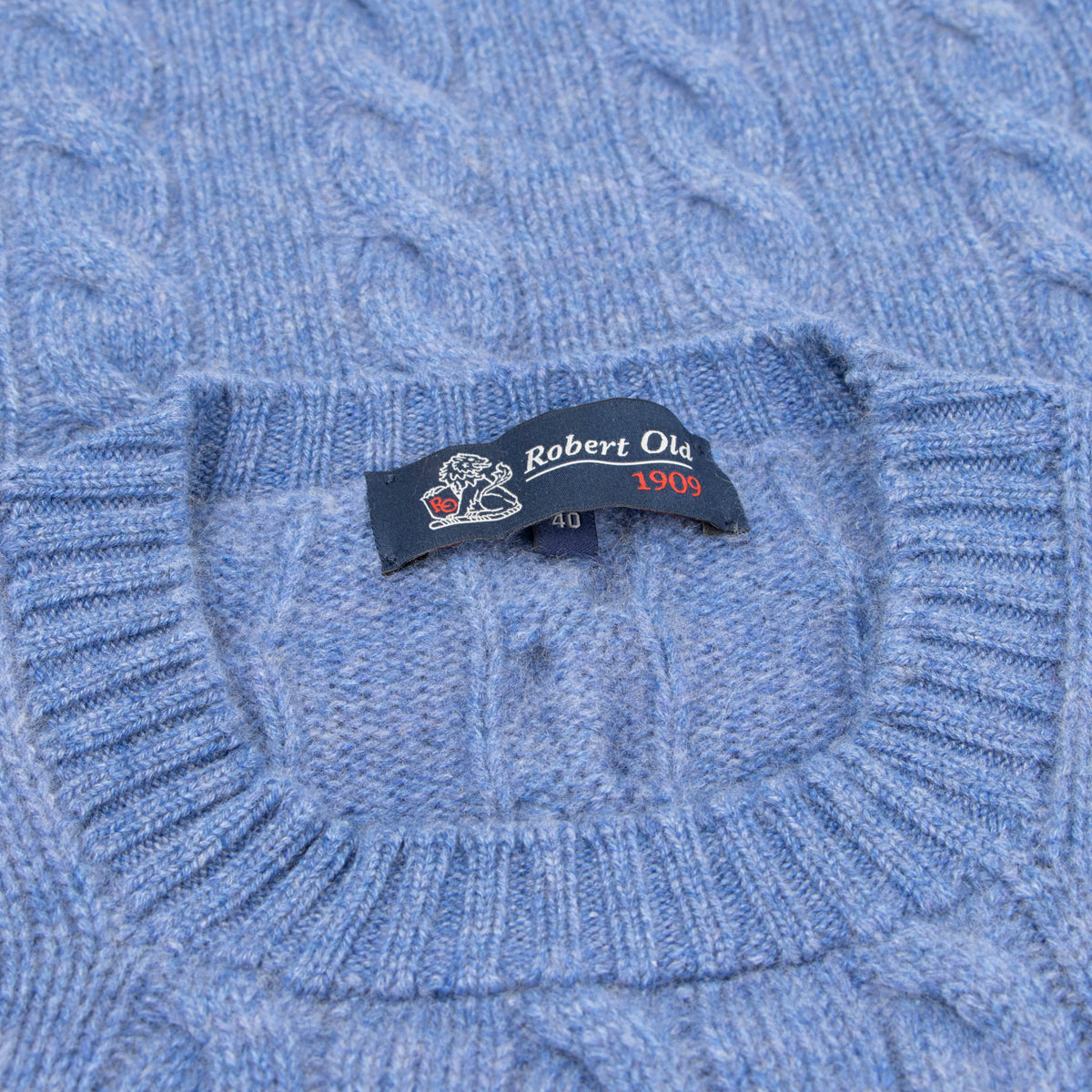 Lapis Blue Rothesay 4ply Cable Crew Cashmere Sweater  Robert Old   