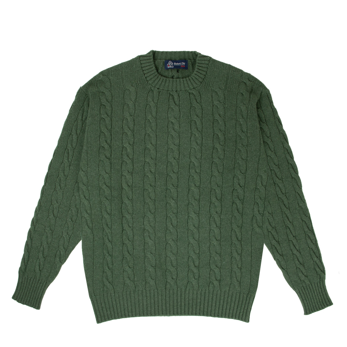 Serpentine Green Rothesay 4ply Cable Crew Cashmere Sweater  Robert Old   