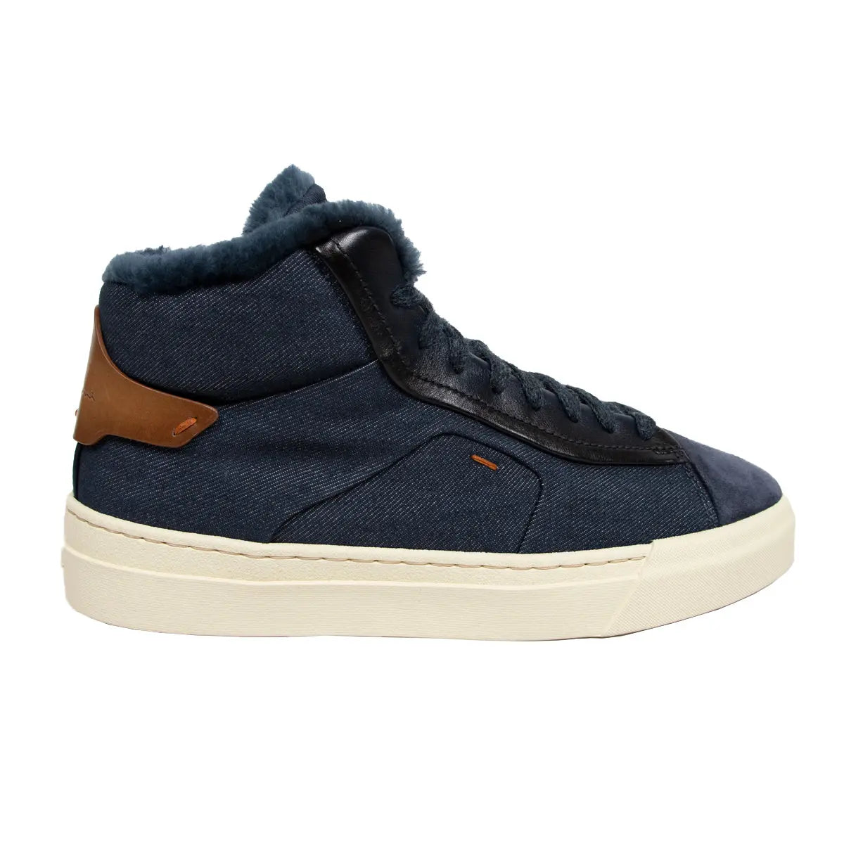 Blue Denim-Effect Fabric and Leather Sneaker  Santoni   