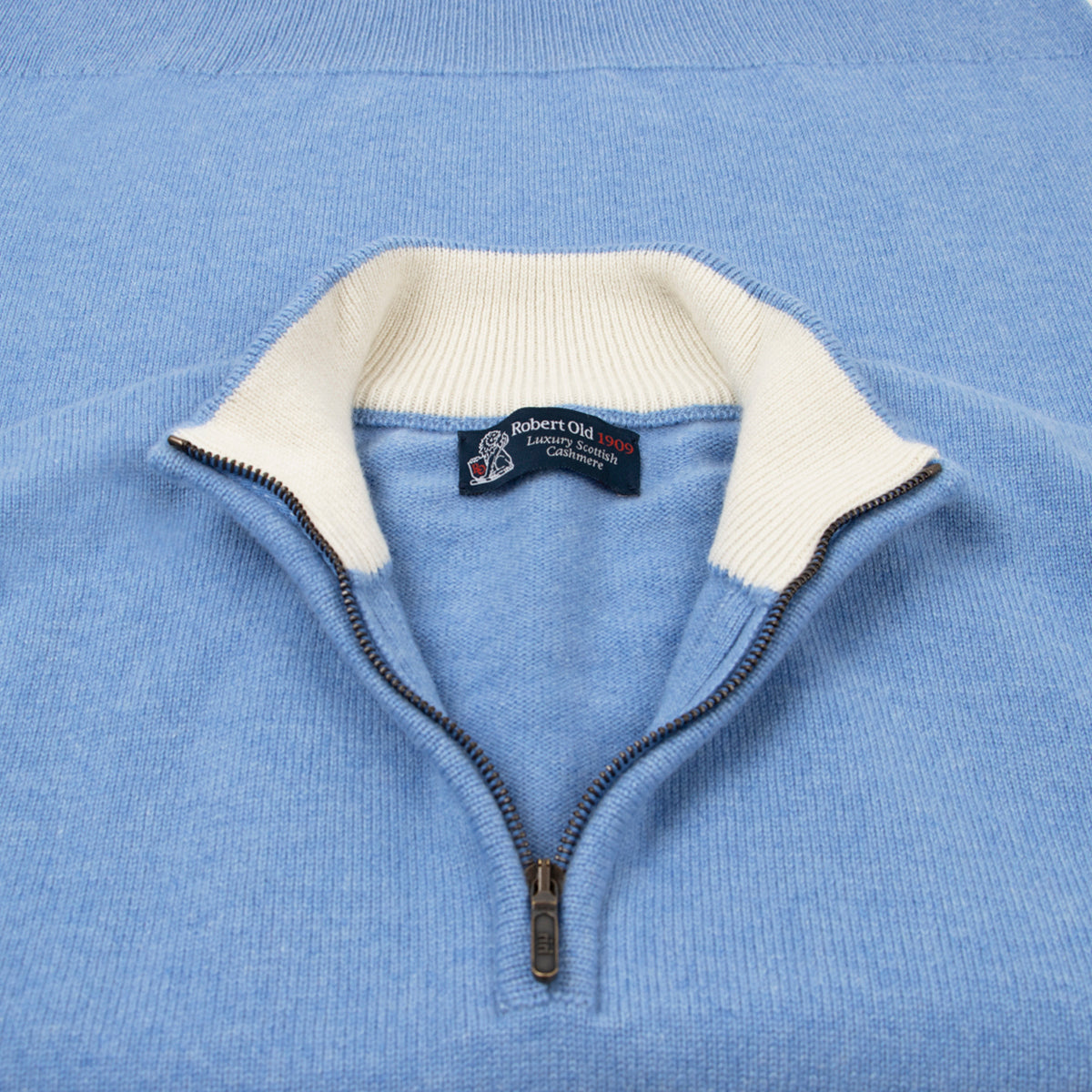 The Bowmore 1/4 Zip Neck Cashmere Sweater - Lapis Suez / White Undyed  Robert Old   