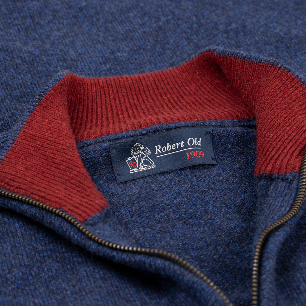 The Bowmore 1/4 Zip Neck Cashmere Sweater - Navy Marl / Russet  Robert Old   