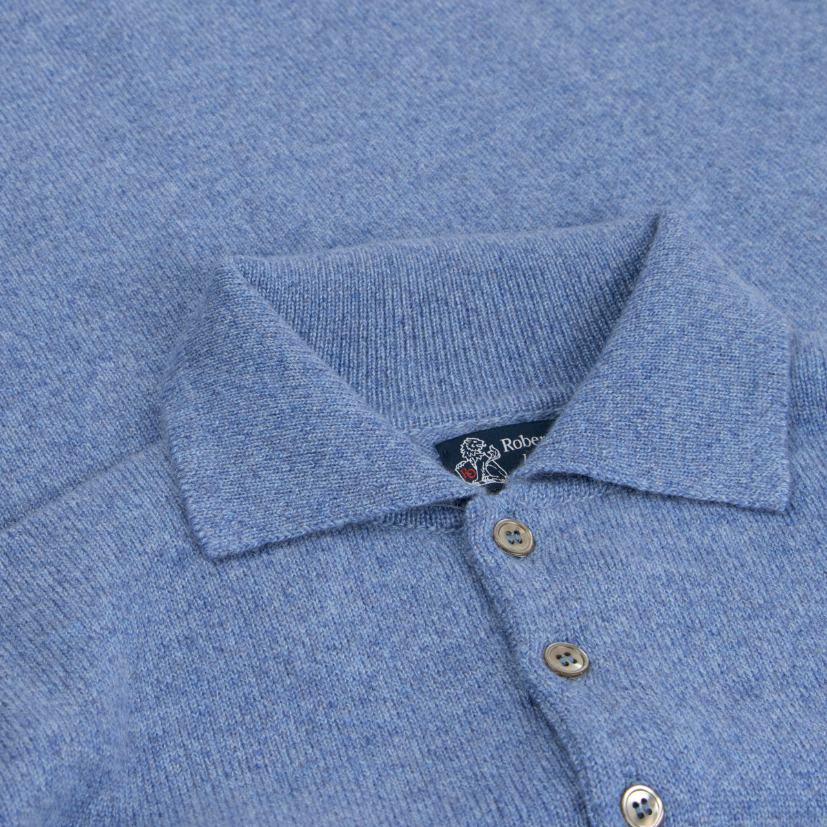Blue Melange Balvenie 3 Button 4ply Cashmere Polo Sweater  Robert Old   