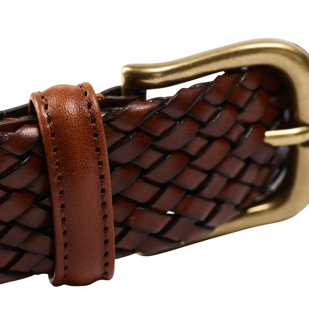 Dark Brown Woven Calf Leather Belt with Antique Brass Buckle  Crockett & Jones   
