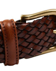 Dark Brown Woven Calf Leather Belt with Antique Brass Buckle BELTS/BRACES Crockett & Jones