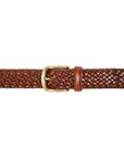 Dark Brown Woven Calf Leather Belt with Antique Brass Buckle BELTS/BRACES Crockett & Jones