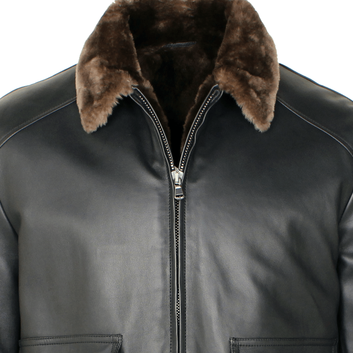 Black Leather Bomber Jacket with Beaver Fur Lining  Robert Old   