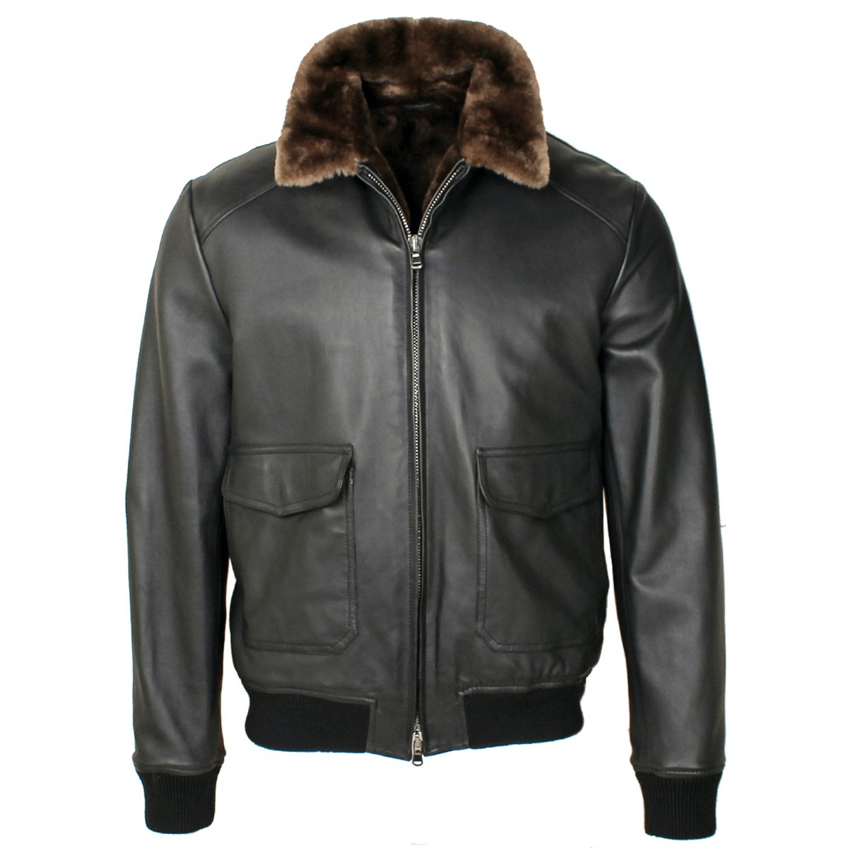 Black Leather Bomber Jacket with Beaver Fur Lining  Robert Old   