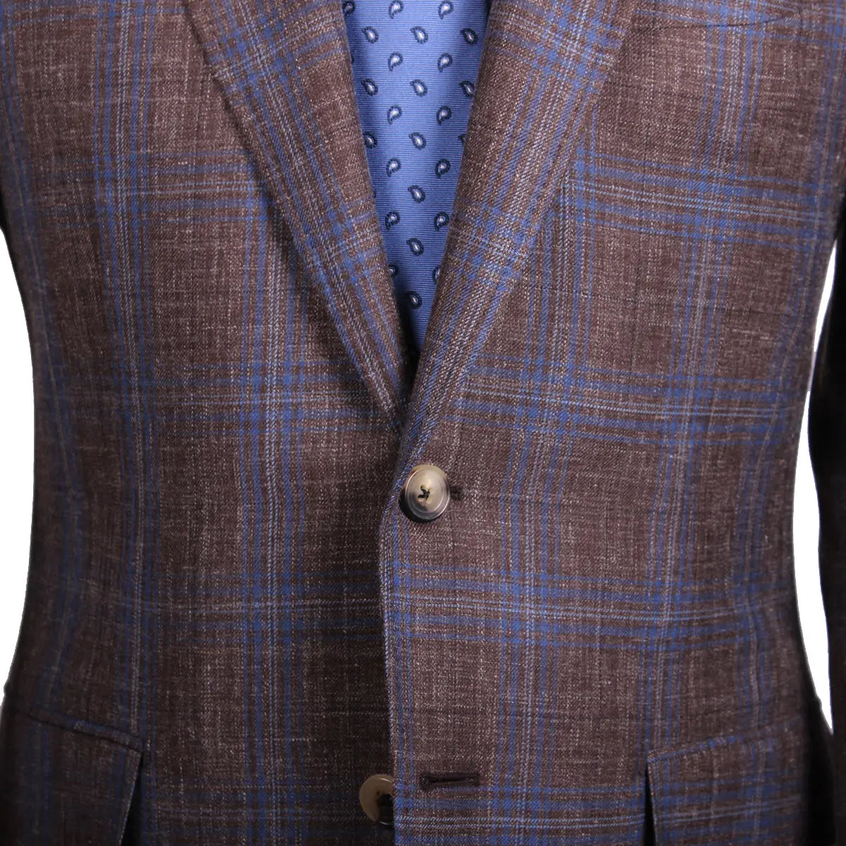 Brown &amp; Blue Check Wool Linen Blend Blazer  Robert Old   