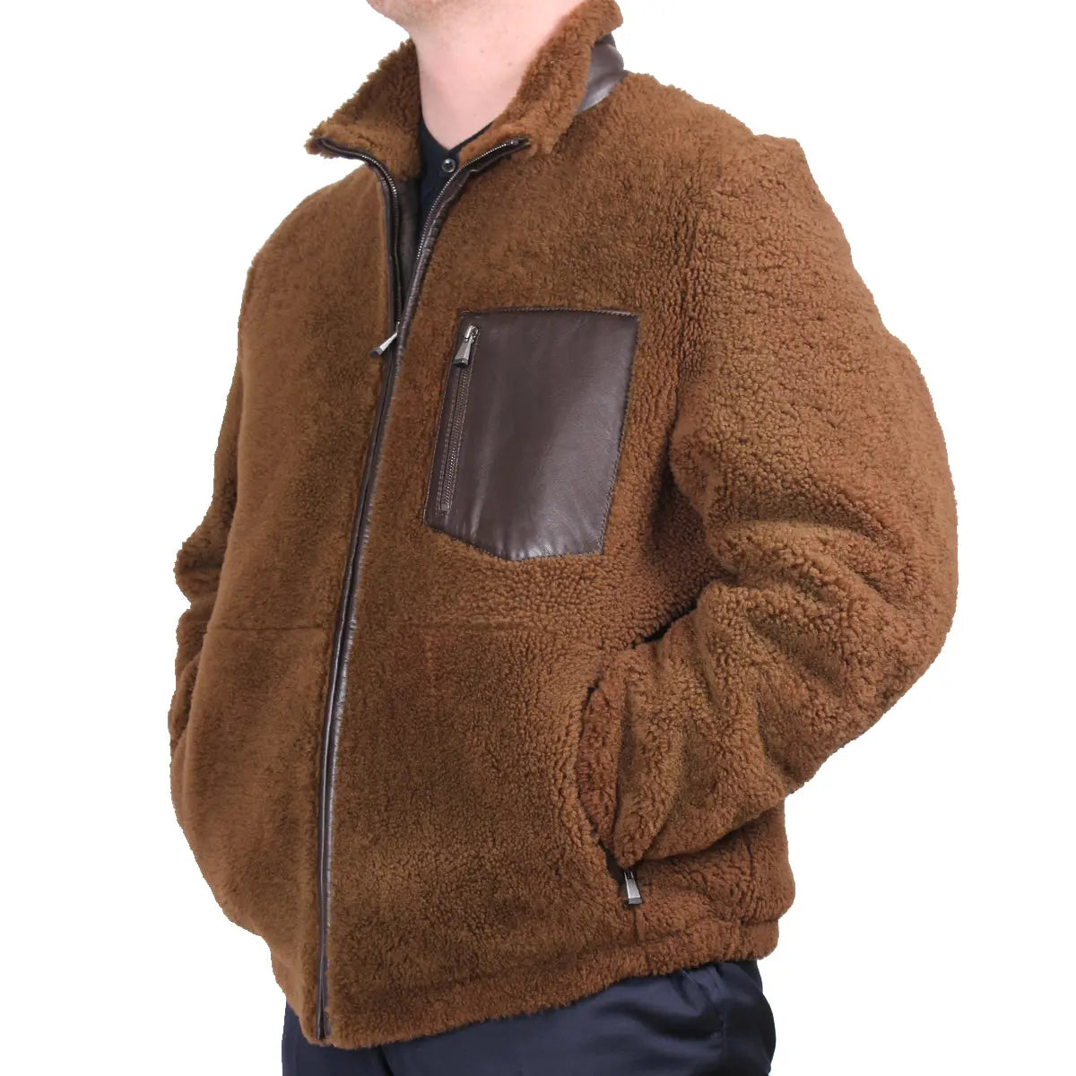Brown Reverse Shearling Bomber with Leather Details  Robert Old   
