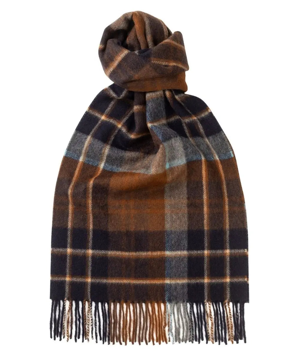 Navy and Brown 100% Cashmere Modern Tartan and Plaid Scarf  Robert Old   