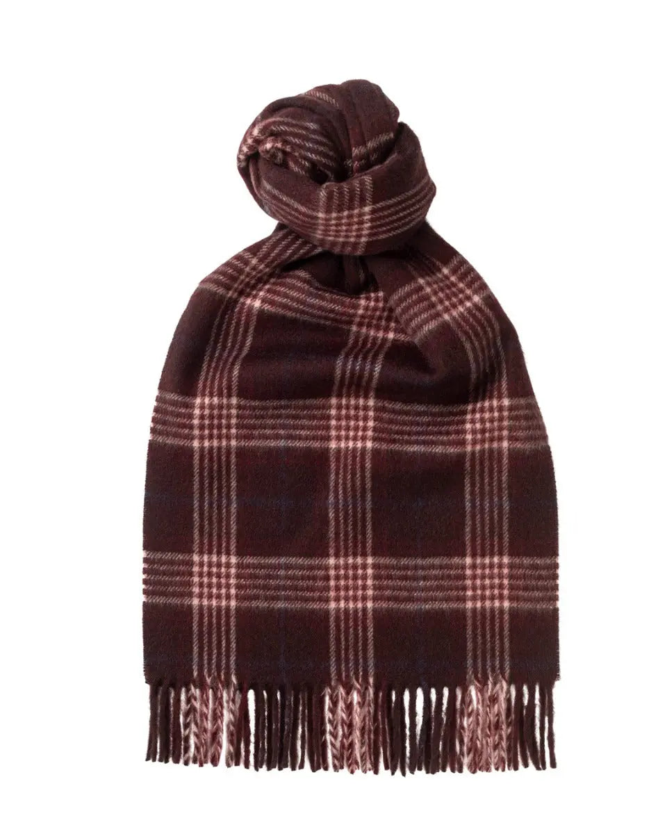 Claret, Cream and Navy 100% Cashmere House Check Scarf  Robert Old   