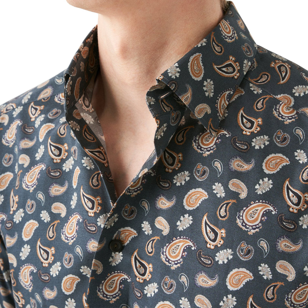Navy Paisley Print Contemporary Fit Flannel Shirt  Eton   