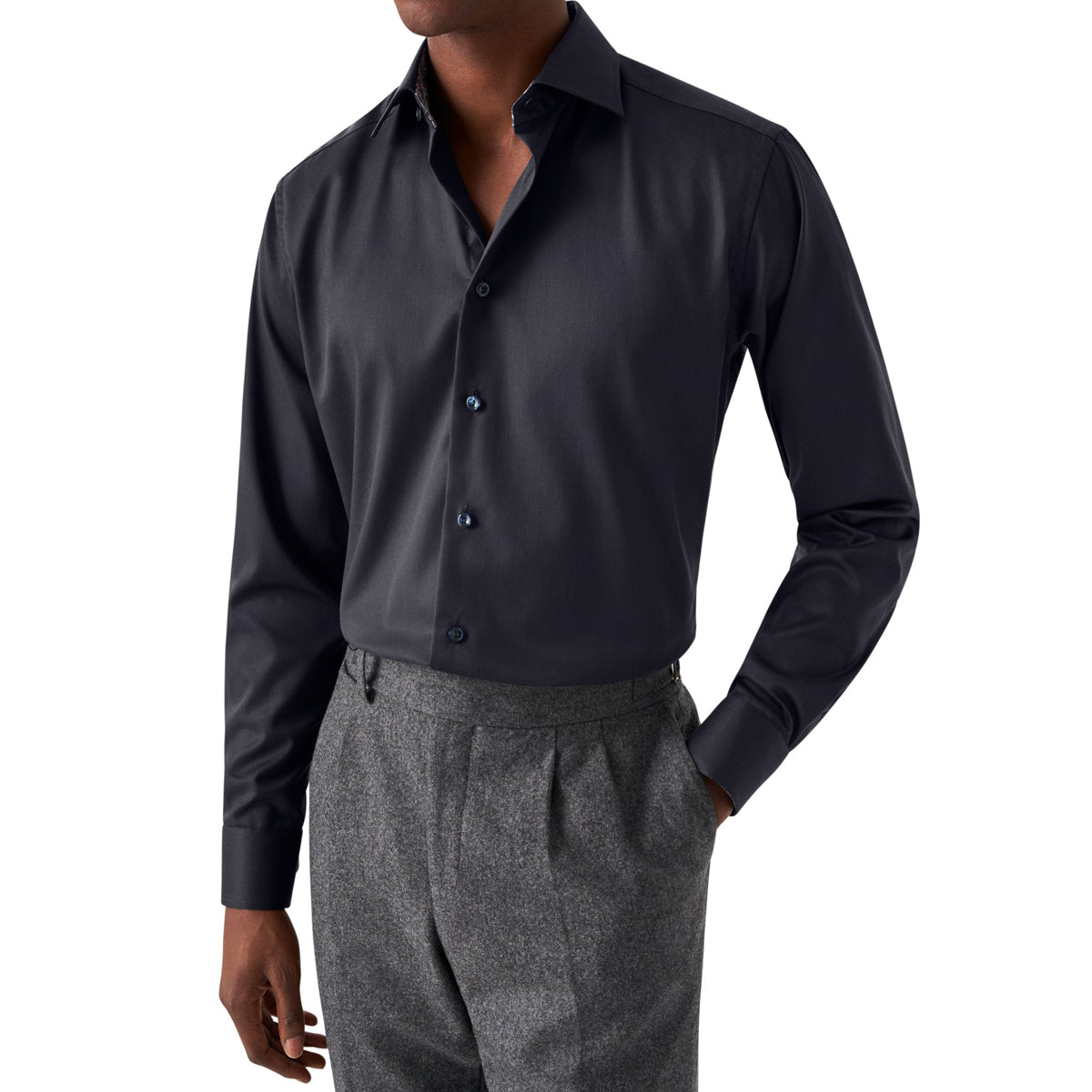 Navy Paisley Trim Signature Twill Slim Fit Shirt Long Sleeve Eton   