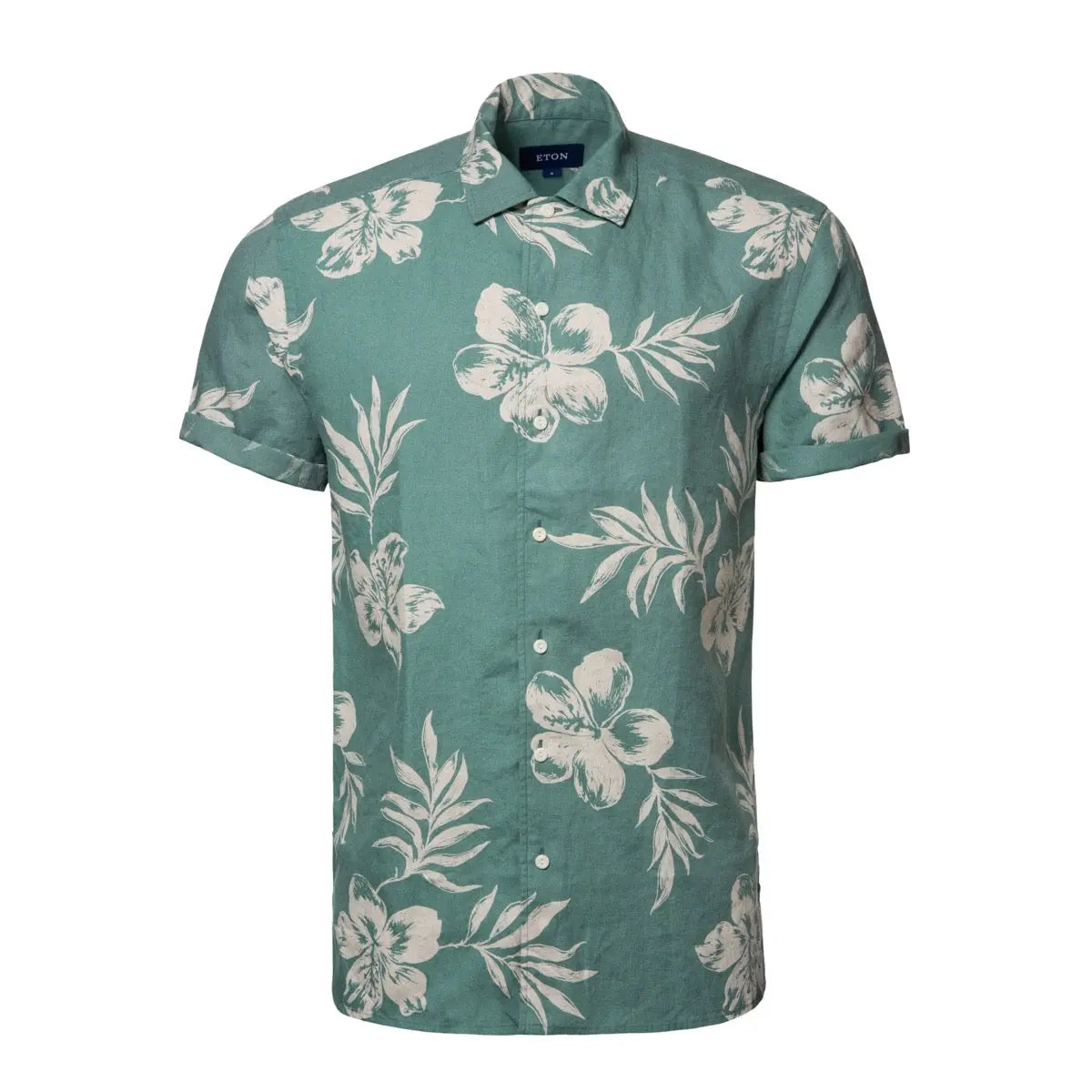 Green Hibiscus Print Linen Resort Short Sleeve Shirt  Eton   
