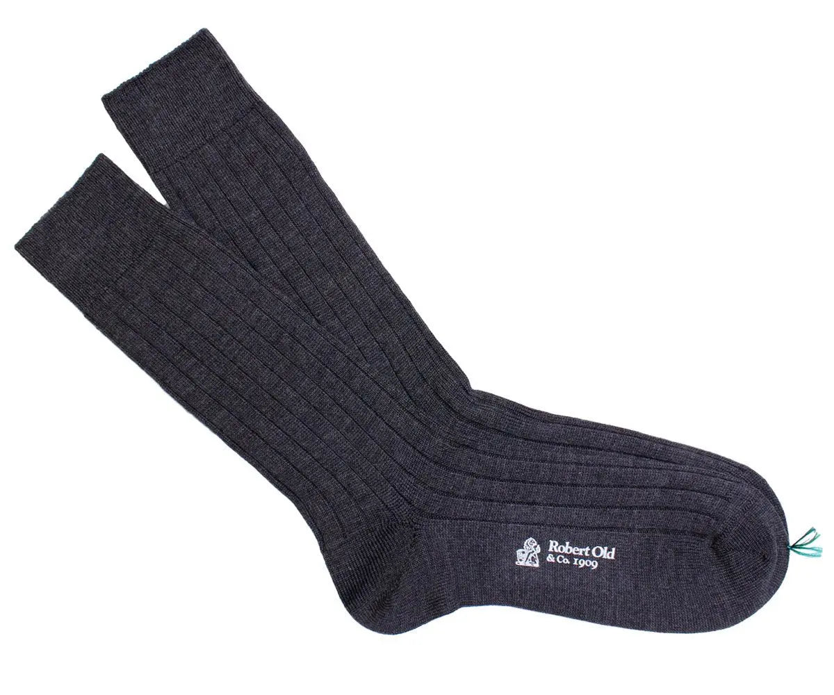 Antracite Grey Ribbed Wool Socks  Robert Old   