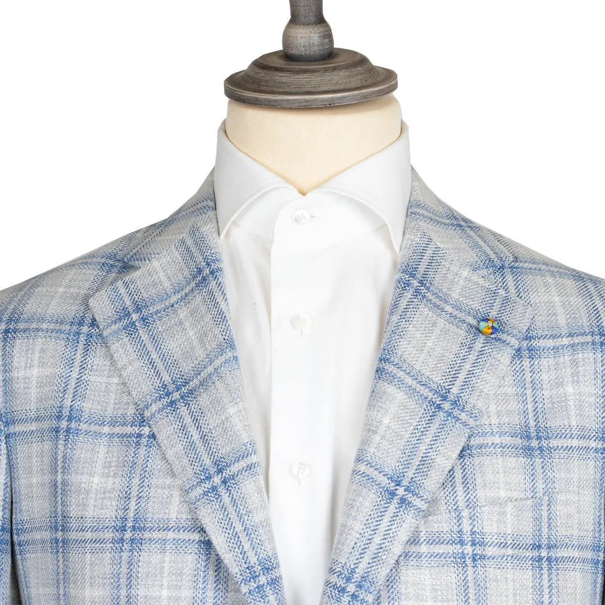 Cream & Blue Check Cotton, Linen, & Wool Jacket  Belvest   