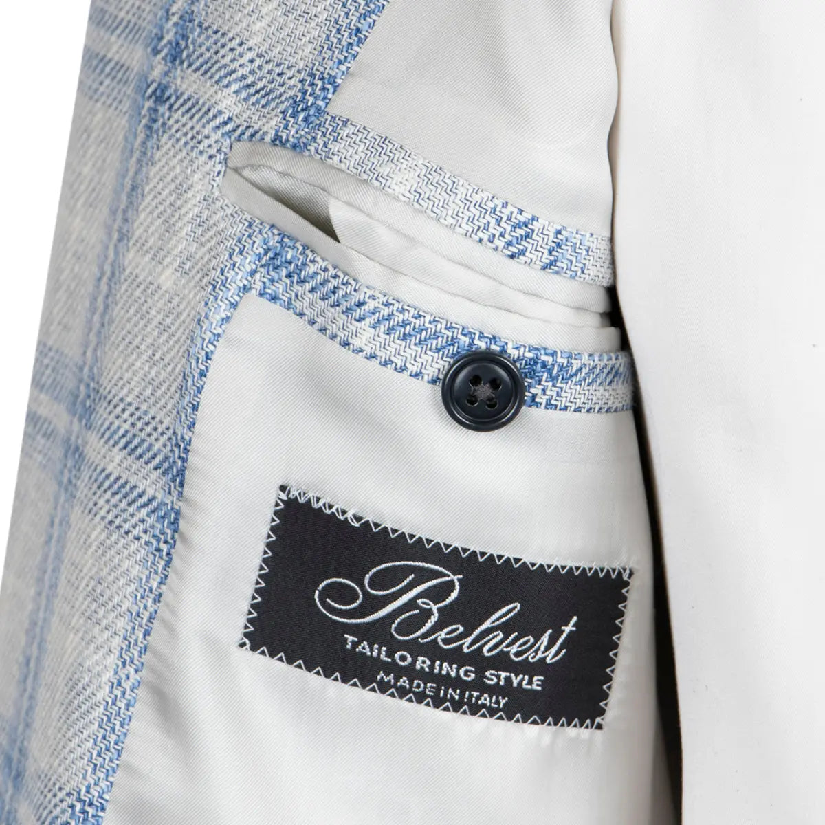 Cream & Blue Check Cotton, Linen, & Wool Jacket  Belvest   