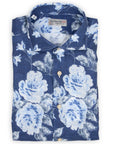 Navy Floral Linen Long Sleeve Shirt  Robert Old   