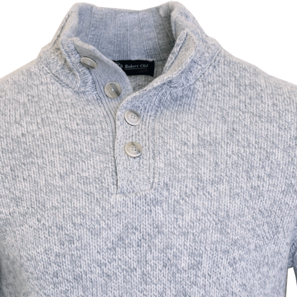 Light Grey Melange 100% Virgin Wool Button Neck Sweater  Robert Old   