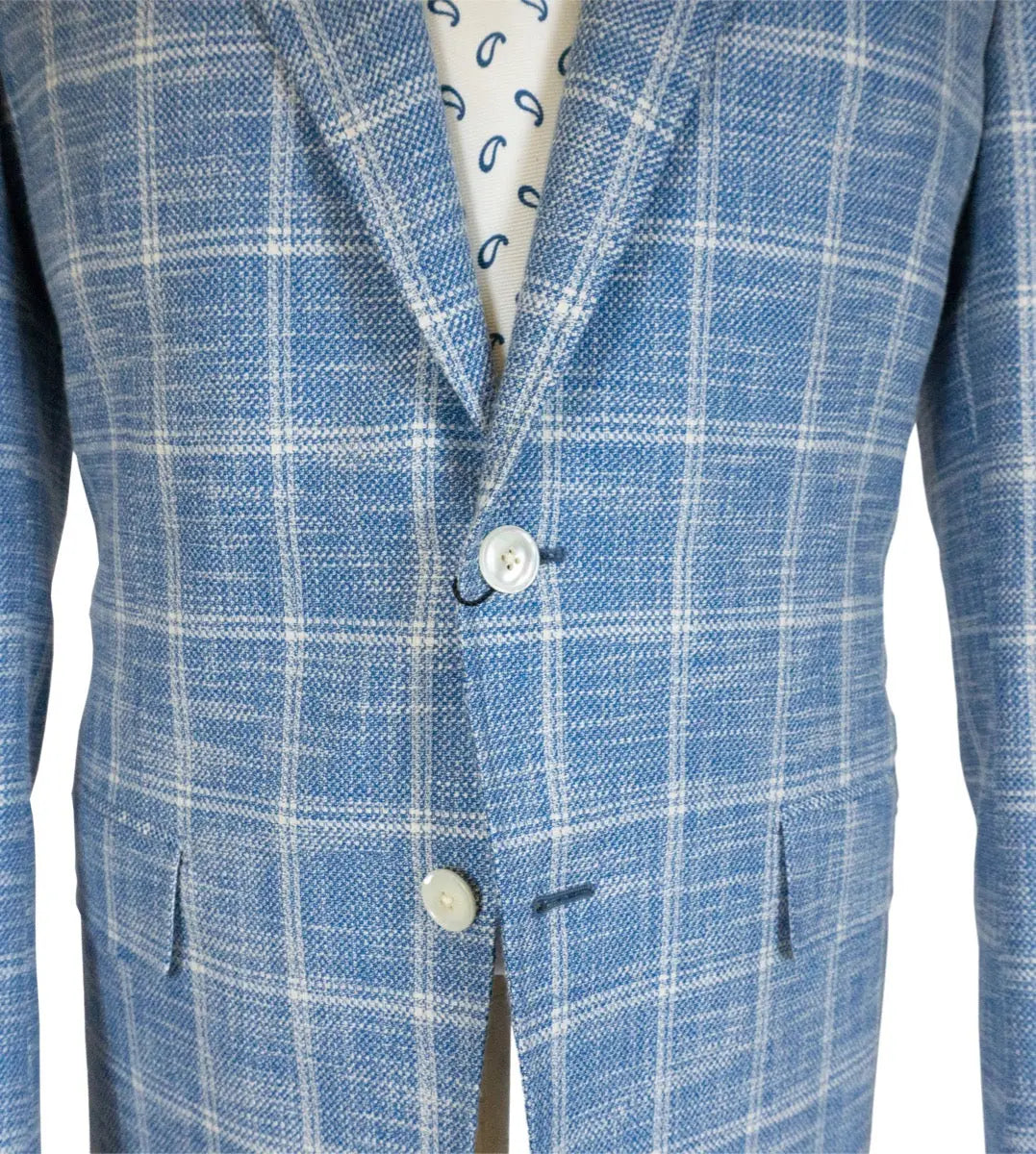 Blue & White Checked Cotton, Linen & Wool Jacket  Robert Old   