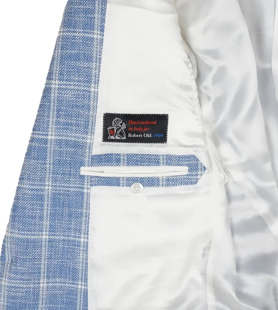 Blue & White Checked Cotton, Linen & Wool Jacket  Robert Old   