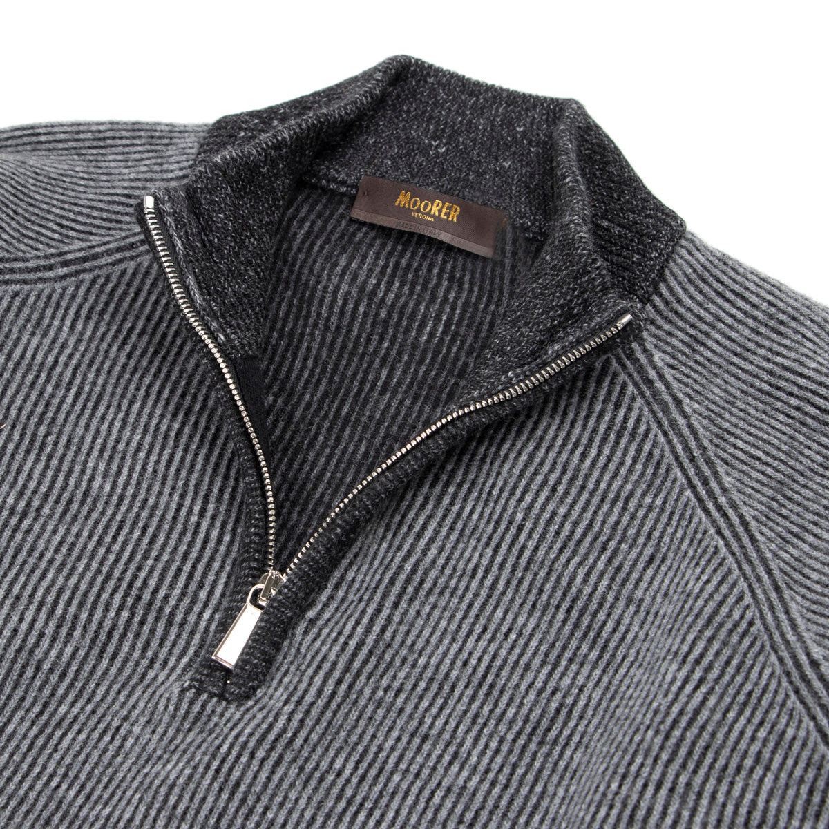 Dark Grey Vanisé Knit Wool Cashmere Half-Zip Sweater Zip Neck Moorer   