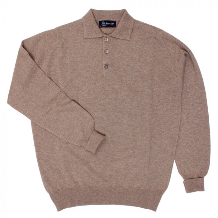 The Oban 3 button long sleeve Cashmere Polo Sweater - Mushroom CASHMERE Robert Old