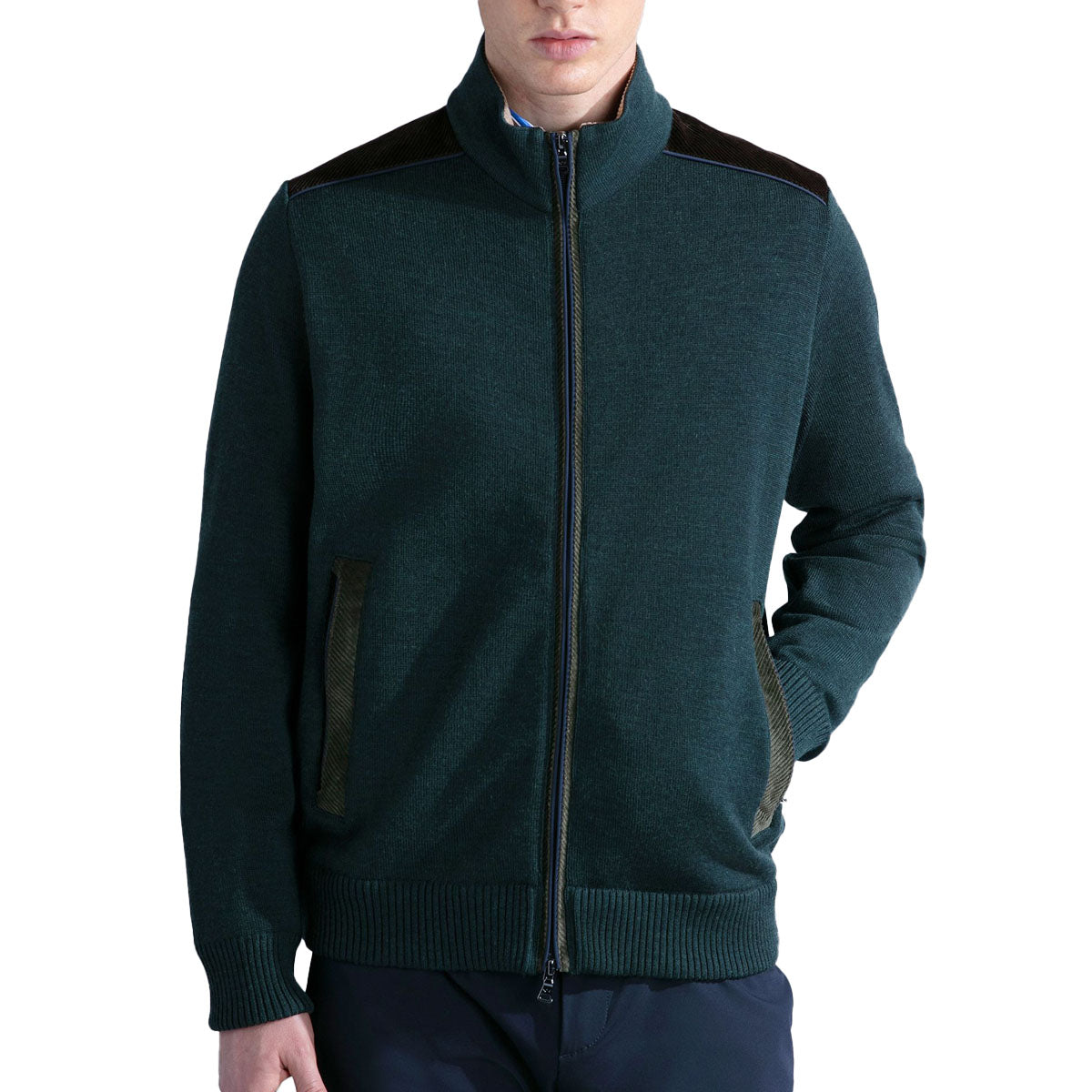 Green Wool Full Zip Velvet Detail Sweater Cardigan Paul & Shark   