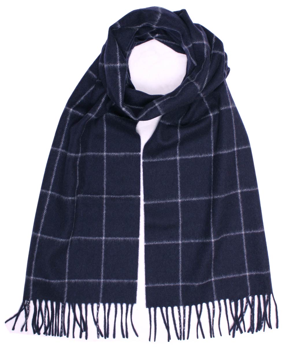 Navy 100% Pure Cashmere Windowpane Detail Scarf  Robert Old   