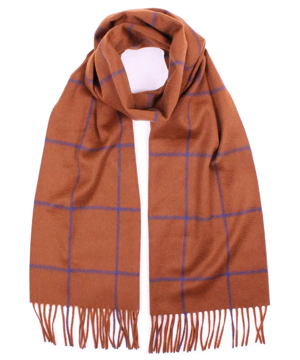 Brown and Blue Large Windowpane Check Cashmere Scarf  Robert Old   