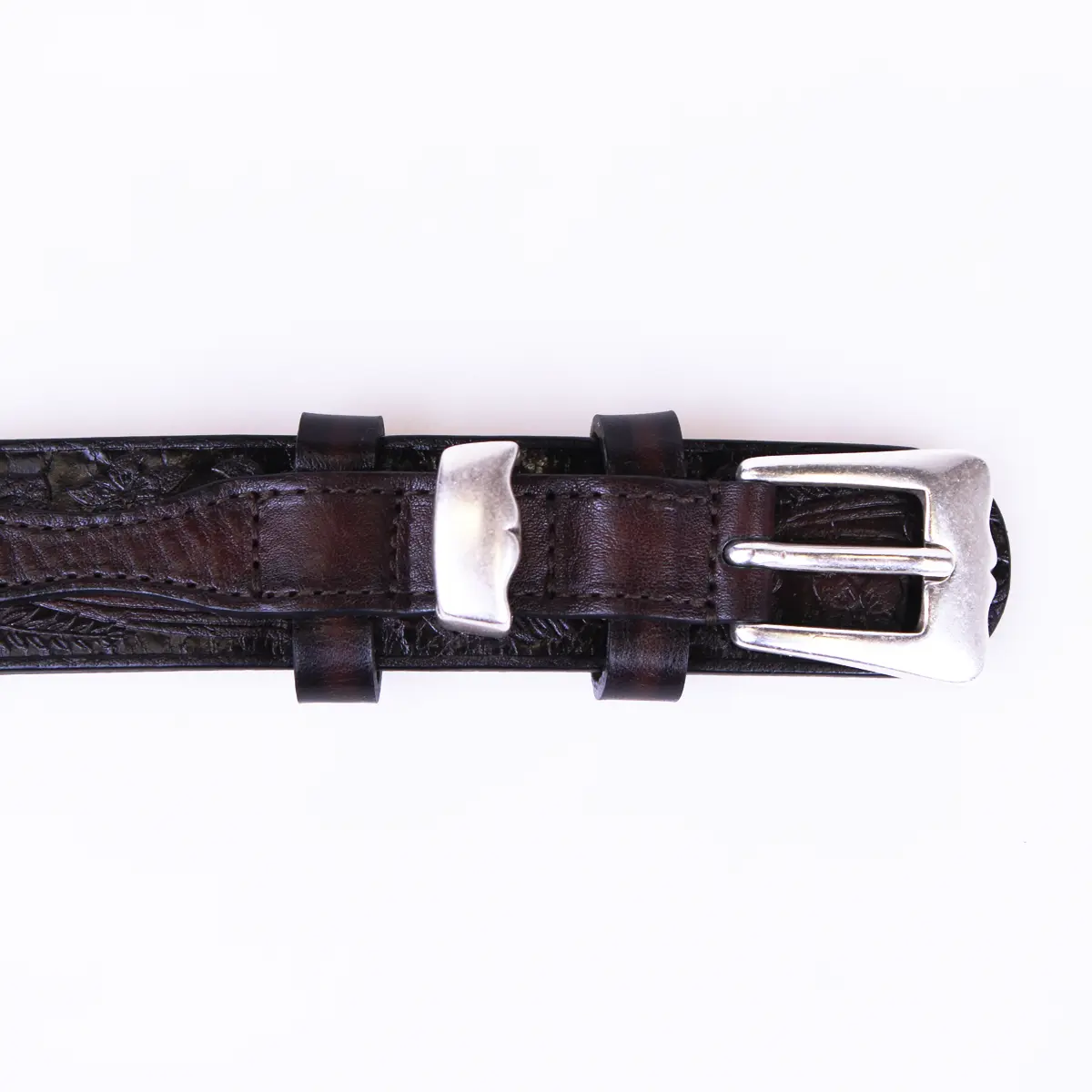 Brown Patterned Calf Leather Brass Buckle Belt  Robert Old   