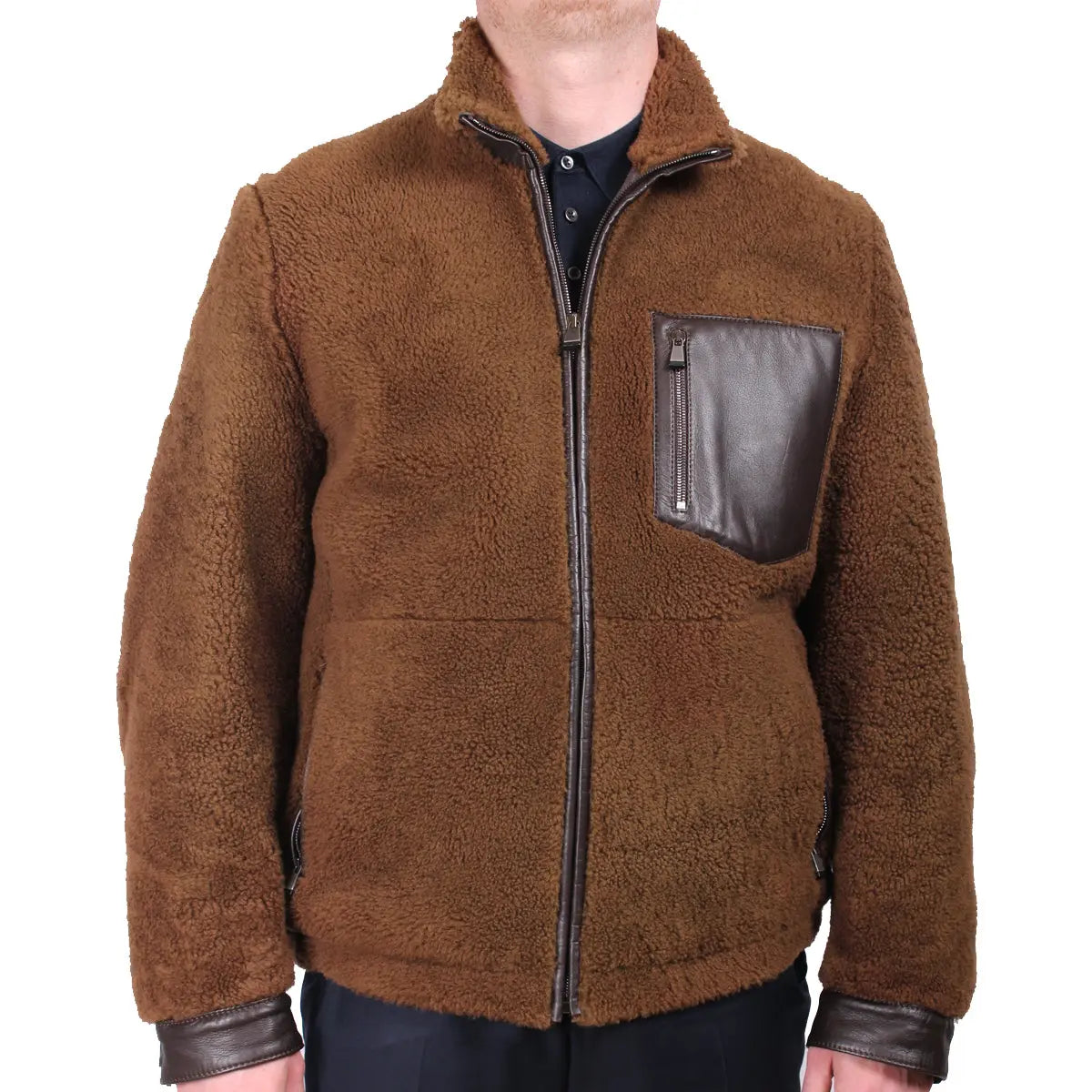 Brown Reverse Shearling Bomber with Leather Details  Robert Old   