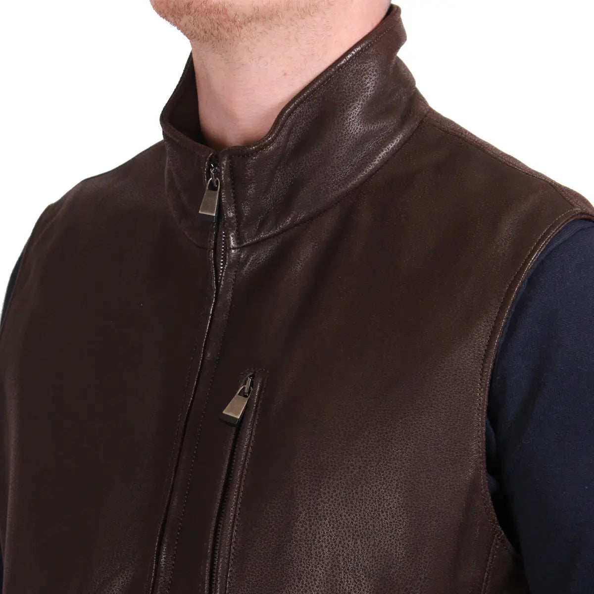 Dark Brown Wool Lined Leather Gilet  Robert Old   